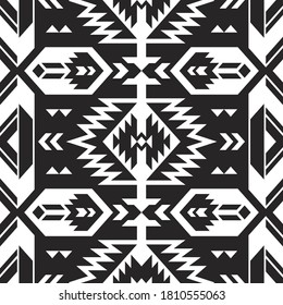 Native American Southwest, Aztec, Navajo seamless pattern. Tribal black and white geometric print. Ethnic design wallpaper, fabric, cover, textile, rug, blanket.