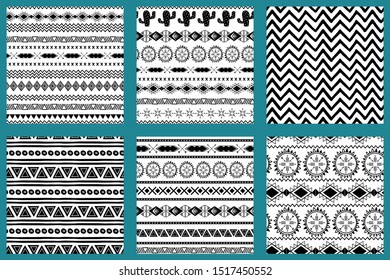 Native american style abstract aztec design aztec patterns black and white set Mexican ornamental texture Tribal ethnic seamless background collection. Mexican ornament texture. Vector illustration.