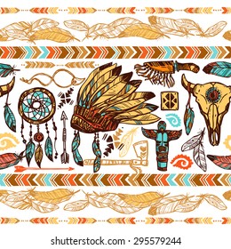 Native american style feathers ornaments tambourine war bonnet and totems color seamless pattern vector illustration
