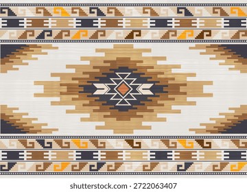 Patrón textil geométrico de estilo nativo americano con motivo de diamante tribal y bordes escalonados. Terracota, oro y tonos de carbón sobre fondo de textura de madera rústica para la decoración. Azul y beige.