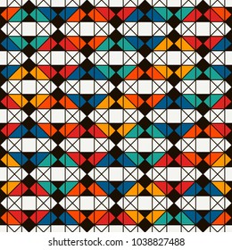 Native american style quilt blanket. Bright ethnic print with geometric forms. Seamless surface pattern with abstract figures. Ornamental background with repeated diamonds and triangles. Vector art