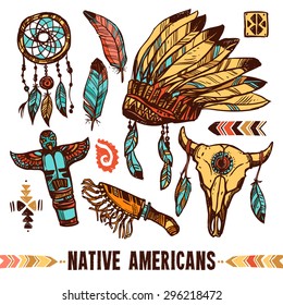 Native american style skull tambourine war bonnet with feathers color decorative icon set isolated vector illustration