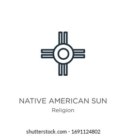 Native american sun icon. Thin linear native american sun outline icon isolated on white background from religion collection. Line vector sign, symbol for web and mobile