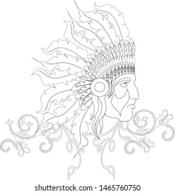 Native American surrounded by curls of abstract ornament in an ethnic feather headdress. Zenart. Antistress coloring.
