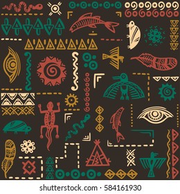 Native American symbols ornament. Vintage boho pattern