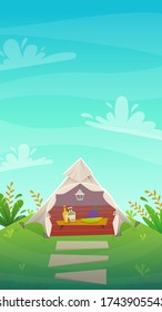 Native American teepee house wigwam indian ethnic culture triangle tent at nature background , vector cartoon kids illustration