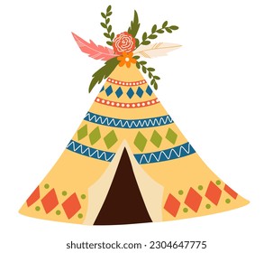 Native American teepee tent. Kids wigwam tent with flowers and feathers. Indian tent Flat cartoon vector illustration isolated on the white background. 