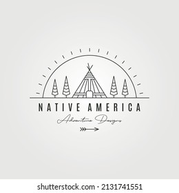 native american teepee tent logo vector line art with sunburst symbol design