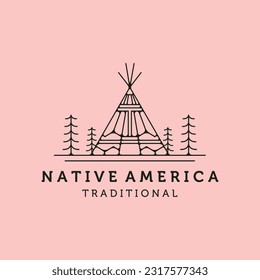 native american teepee tent logo vector line art with pine tree symbol design