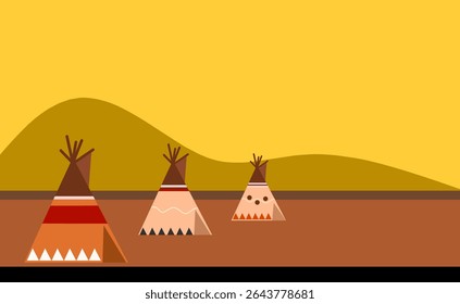 Native American Tipi Camp in Desert Landscape Flat Vector Illustration, perfect for native Americans day
