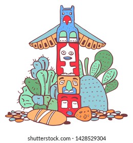 Native American totem pole, stones and cactuses. Color vector hand drawn outline doodle sketch illustration black on white background