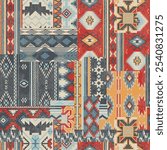 Native American traditional fabric patchwork grunge wallpaper vintage vector seamless pattern for shirt fabric wrapping carpet rug tablecloth pillow distressed effect in separate layer