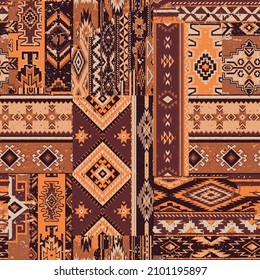 Native American traditional fabric patchwork  grunge vintage vector seamless pattern