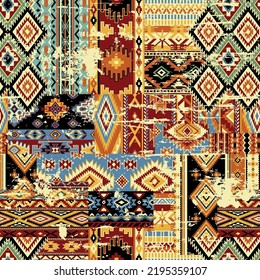 Native American traditional fabric patchwork wallpaper abstract vector seamless pattern grunge effect in separate layer