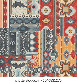 Native American traditional fabric patchwork grunge wallpaper vintage vector seamless pattern for shirt fabric wrapping carpet rug tablecloth pillow distressed effect in separate layer