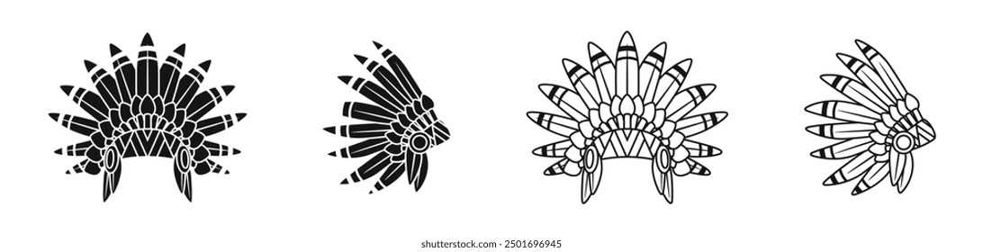 Native american traditional hat vector icon set.