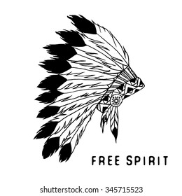 Native american traditional headdress with bird feathers and beads. Tribal legend in Indian style, Vector illustration, letters Free spirit isolated