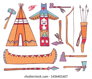 Native American traditional objects. Wigwam, totem pole, canoe, weapons. Color vector hand drawn outline sketch illustration set on white background