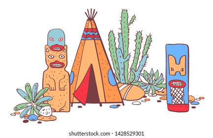 Native American traditional settlements. Tipi, totem poles and cactuses. Color vector hand drawn outline doodle sketch illustration on white background