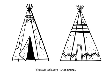 Native American traditional teepees. Two wigwams. Vector hand drawn outline doodle sketch illustration black on white background