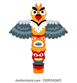 Native American Traditional totem pole with tiki mask and eagle isolated