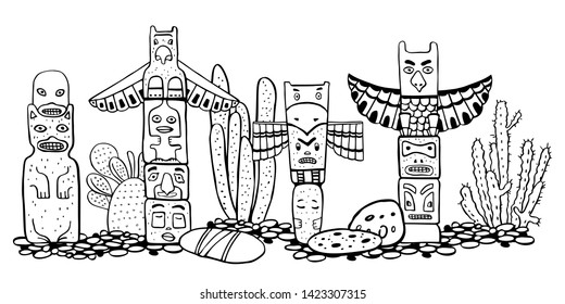 Native American traditional totem poles  and catuses. Vector outline Hand drawn doodle sketch illustration. Group of four carved wooden figures black on white background