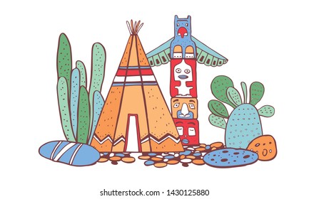 Native American traditional village. Tipi, totem pole and cactuses. Vector color hand drawn outline doodle sketch illustration on white background