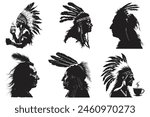 Native american tribal chief headdress feathers silhouette, American Indian Chief, beautiful girl wearing an Indian chief headpiece.