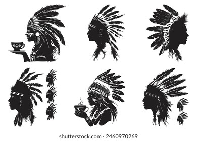 Native american tribal chief headdress feathers silhouette, American Indian Chief, beautiful girl wearing an Indian chief headpiece.