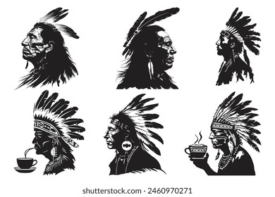 Native american tribal chief headdress feathers silhouette, American Indian Chief, beautiful girl wearing an Indian chief headpiece.