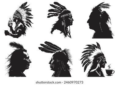 Native american tribal chief headdress feathers silhouette, American Indian Chief, beautiful girl wearing an Indian chief headpiece.