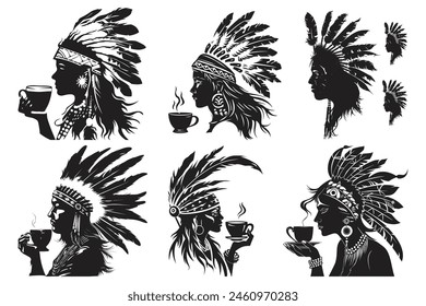 Native american tribal chief headdress feathers silhouette, American Indian Chief, beautiful girl wearing an Indian chief headpiece.