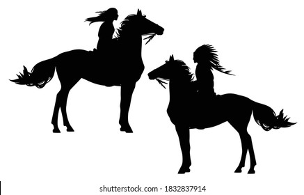 native american tribal chief and indian woman riding horse - black and white vector silhouette set