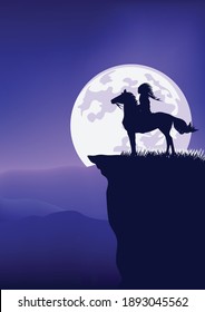 native american tribal chief riding horse standing at mountain cliff against full moon - legend wild west scene silhouette landscape vector design