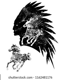 native american tribal chief and running mustang horse black and white silhouette vector design