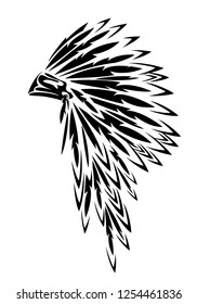 native american tribal chief traditional feathered headdress black and white vector outline design