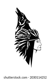 native american tribal chief wearing feathered headdress nad howling wolf head - black and white vector shaman portrait outline