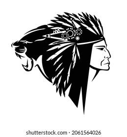 native american tribal chief wearing feathered headdress and wild roaring cougar head - black and white vector shaman portrait outline