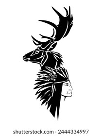 native american tribal chief wearing feathered headdress and deer stag head - black and white vector shaman and spirit animal portrait