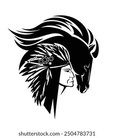 native american tribal chief wearing ornate feathered headdress nad wild mustang horse spirit head with flying mane - black and white vector portrait