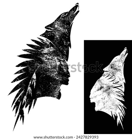 native american tribal chief wearing feathered headdress and howling wolf head - black and white vector shaman textured silhouette portrait 商業照片 © 