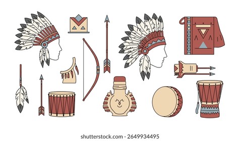 Native american tribal culture symbols including headdress drum bow arrow and bag