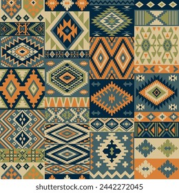 Native American tribal fabric patchwork wallpaper abstract vector seamless pattern  for scarf kerchief shirt fabric tablecloth pillow carpet rug