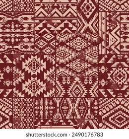 Native American tribal fabric patchwork wallpaper abstract vector seamless pattern  for scarf kerchief shirt fabric tablecloth pillow carpet rug grunge effect in separate layer