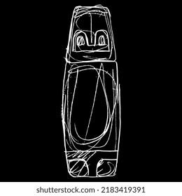 Native American tribal idol from ancient Ecuador. Valdivia culture. Hand drawn linear doodle rough sketch. White silhouette on black background.