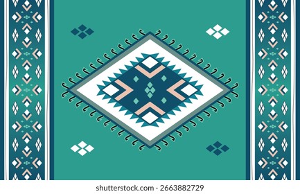 Nativo americano tribal padrão tapete verde azul branco branco rosa geométrico diamante sudoeste étnico decoração papel de parede tecido têxtil.
