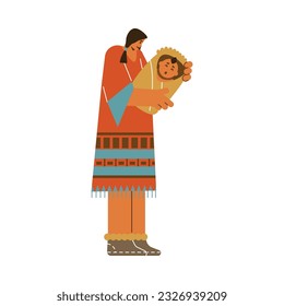 Native American tribal young woman holding baby. Indian mother in traditional ethnic costume. Happy authentic family. Vector isolated illustration in doodle cartoon style on white background