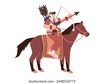 Native American tribe  archery bow arrow and riding brown color horse illustration