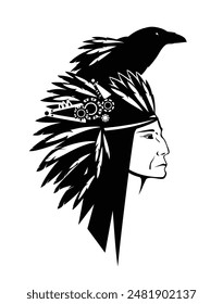 native american tribe chief shaman wearing feather headdress with raven bird spirit - black and white handdrawn vector outline (produced without the use of any form of AI software at any stage)