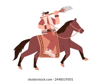 Native American tribe holding ancient prehistoric weapon and riding brown color horse animal illustration